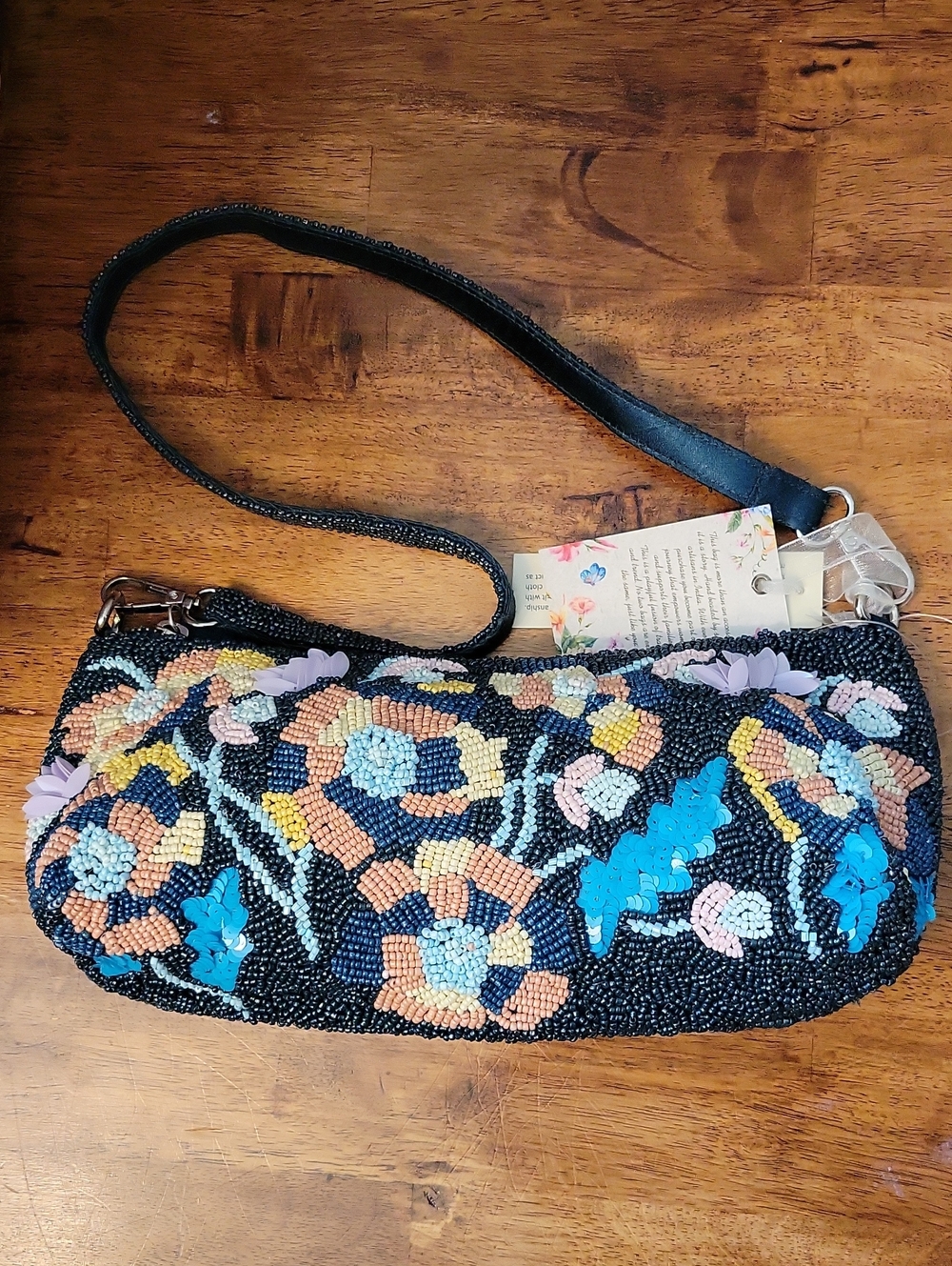 Beaded Floral Shoulder Bag in Blues, Pink, and Yellow NWT
